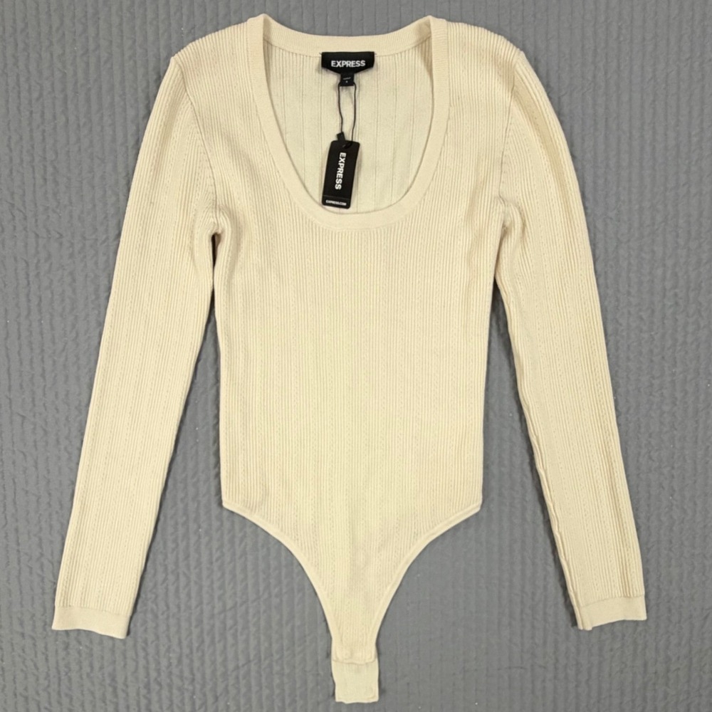 Express Womens Cream Ribbed Long Sleeve Scoop Neck Bodysuit Small NWT